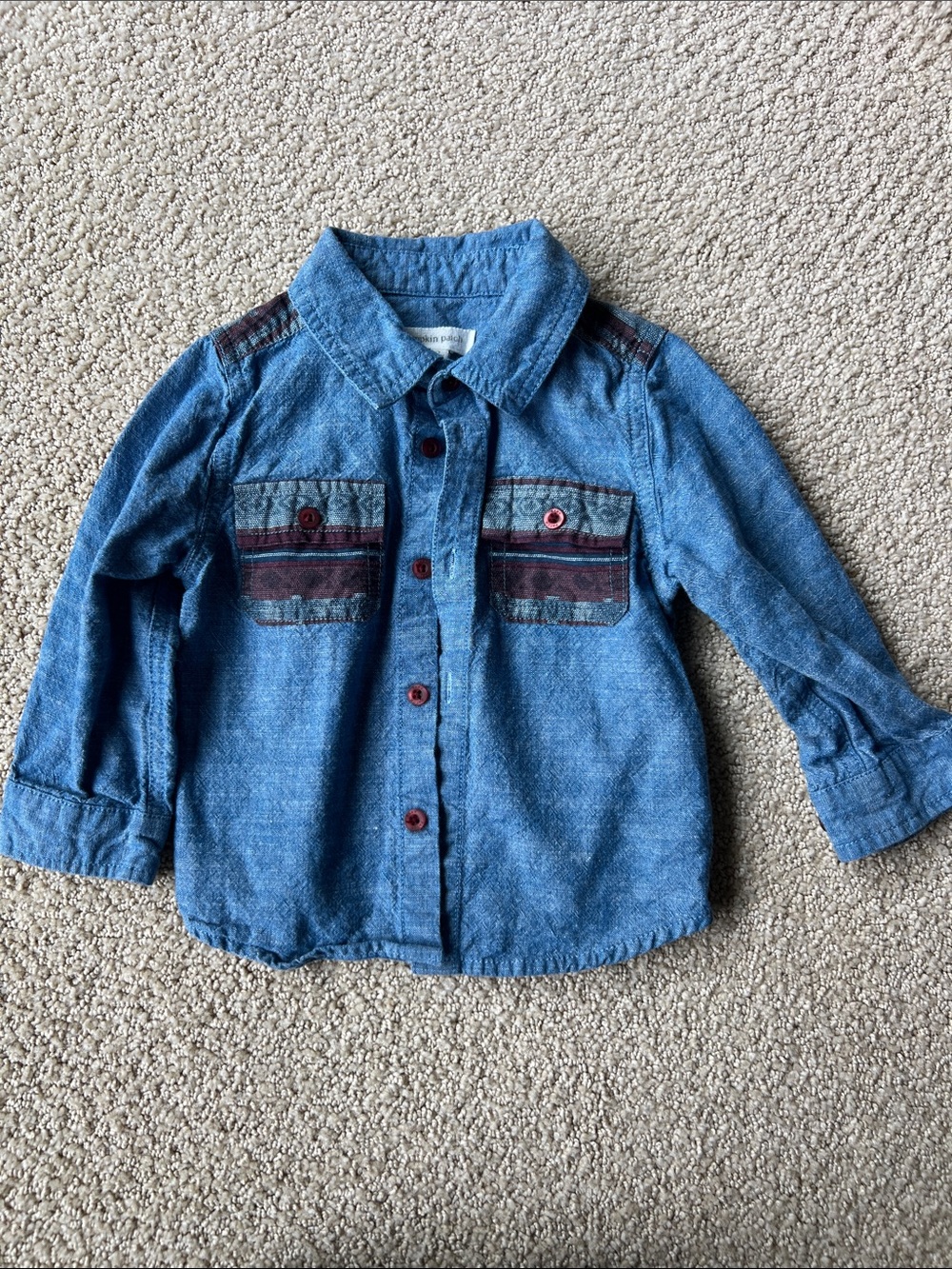 pumpkin patch Blue Chambray Button-Up Shirt with Red Buttons